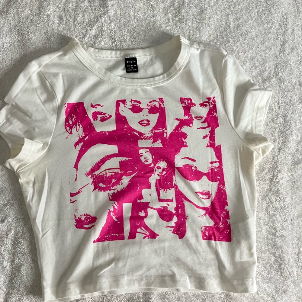 SHEIN White and Pink Graphic Crop Top